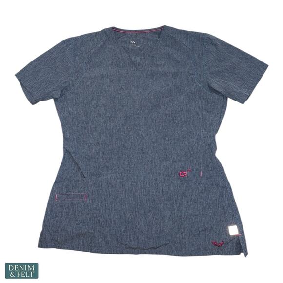 Smitten Scrubs Rock Goddess Top & Amp Flare Pants Set Heather Blue Pink Trim S - Picture 2 of 15